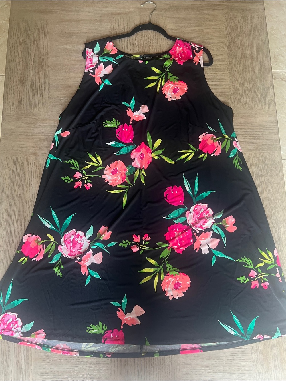 Floral A-Line Sleeveless Dress - Black with Pink Floral